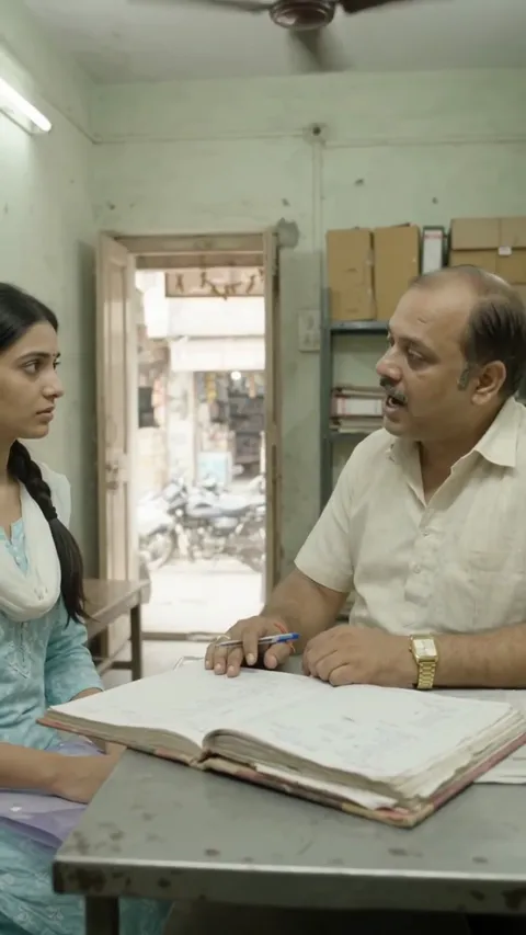 Frame from an Aamdani reel: a job seeker at a shop owner's desk
